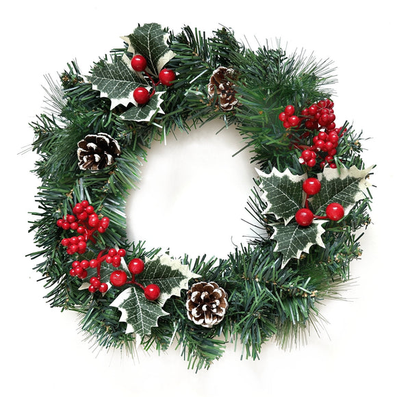 30cm Artificial Spruce Wreath With Holly, Berries and Pinecones