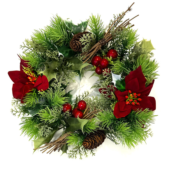 25cm Artificial Pine Wreath With Poinsettias, Berries and Pinecones