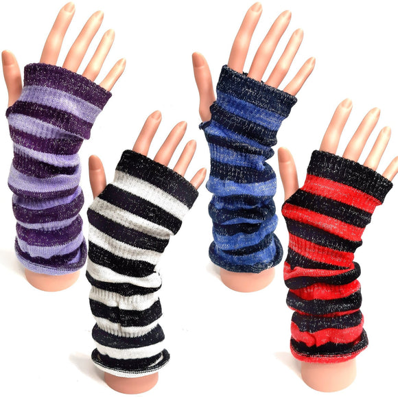 Long Knitted Fingerless Stripey Womens Gloves With Silver Sparkle Thread