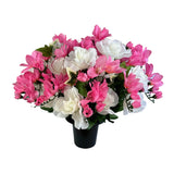 Artificial Pink Freesia and White Rose Grave Pot Flower Arrangement