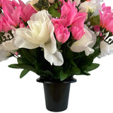 Artificial Pink Freesia and White Rose Grave Pot Flower Arrangement