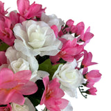 Artificial Pink Freesia and White Rose Grave Pot Flower Arrangement