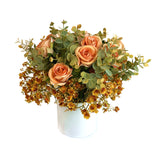 Artificial Peach Rose and Gypsophila Flowers With Eucalyptus in Ceramic Pot