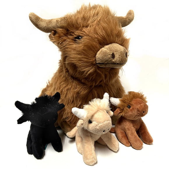 Large Highland Cow Soft Toy With 3 Baby Cows