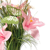 Artificial Grass, Pink Lily and White Flower Arrangement with Butterflies