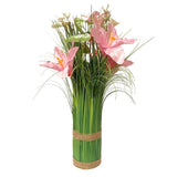 Artificial Grass, Pink Lily and White Flower Arrangement with Butterflies