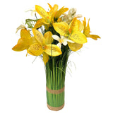 Artificial Grass, Yellow Alstroemeria and Wild Flower Arrangement with Butterflies