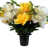 Artificial White and Yellow Rose & Ivy Flower Grave Pot Arrangement