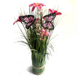 Artificial Grass and Pink Flower Arrangement with Butterflies 35cm