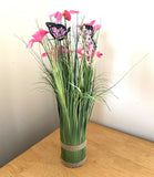 Artificial Grass and Pink Flower Arrangement with Butterflies 35cm