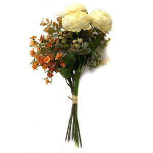 Artificial orange ranunculus flower bundle with faux eucalyptus foliage and forget me nots