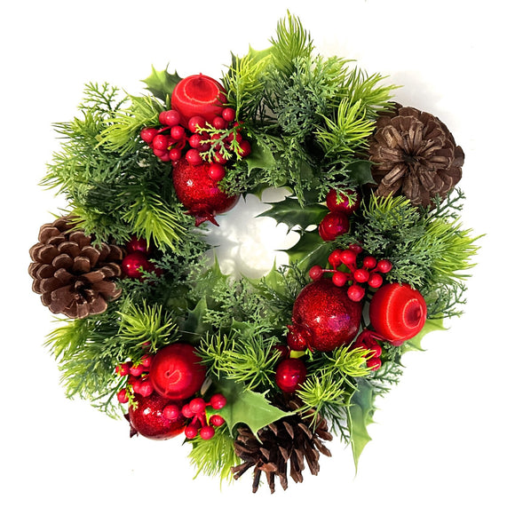 Artificial Pine Wreath With Baubles, Pomegranates and Pinecones