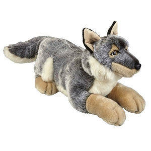 This large laying Wolf cuddly soft toy measures 50 cm and is suitable for all ages.  CE tested and certified and made from high quality materials delivering you a superb product that will be cherished for years.  The super soft huggable filling in this toy is made from recycled PET.