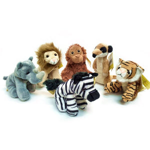 set of 6 Jungle Soft Toy Animals, each 13cm tall, Rhino, Lion, Orangutan, Meerkat, Tiger and Zebra, 