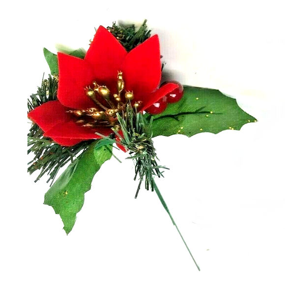 Artificial Red Poinsettia Flower & Pine Cone Christmas Pick 20cm