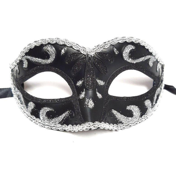 Adults Black Venetian Masquerade Mask With Silver Trim, Hen Night Masquerade Ball