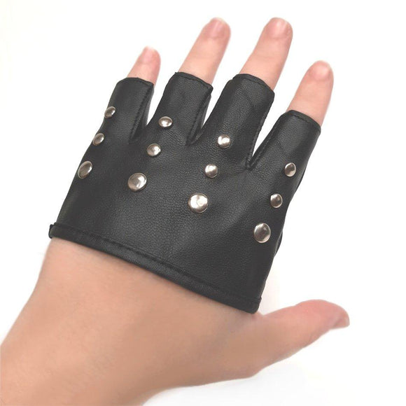 Womens Ladies Faux Leather Look Studded Fingerless Gloves - Rock Punk Goth