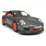 This iconic die cast model toy car of the Porsche 911 GT3 is available in 3 colours, orange, black, gun metal grey and white. Each car features the GT3 logos and stencils, opening doors and contrast colour door mirrors. Each model car measures approx. L 12.5 cm x W 4.5 cm x H 4 cm