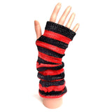 Red and Black Long Knitted Fingerless Stripey Gloves With Silver Sparkle Thread