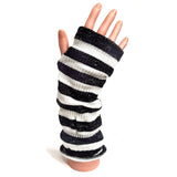 Black and White Long Knitted Fingerless Stripey Gloves With Silver Sparkle Thread