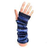 Blue and Black Long Knitted Fingerless Stripey Gloves With Silver Sparkle Thread