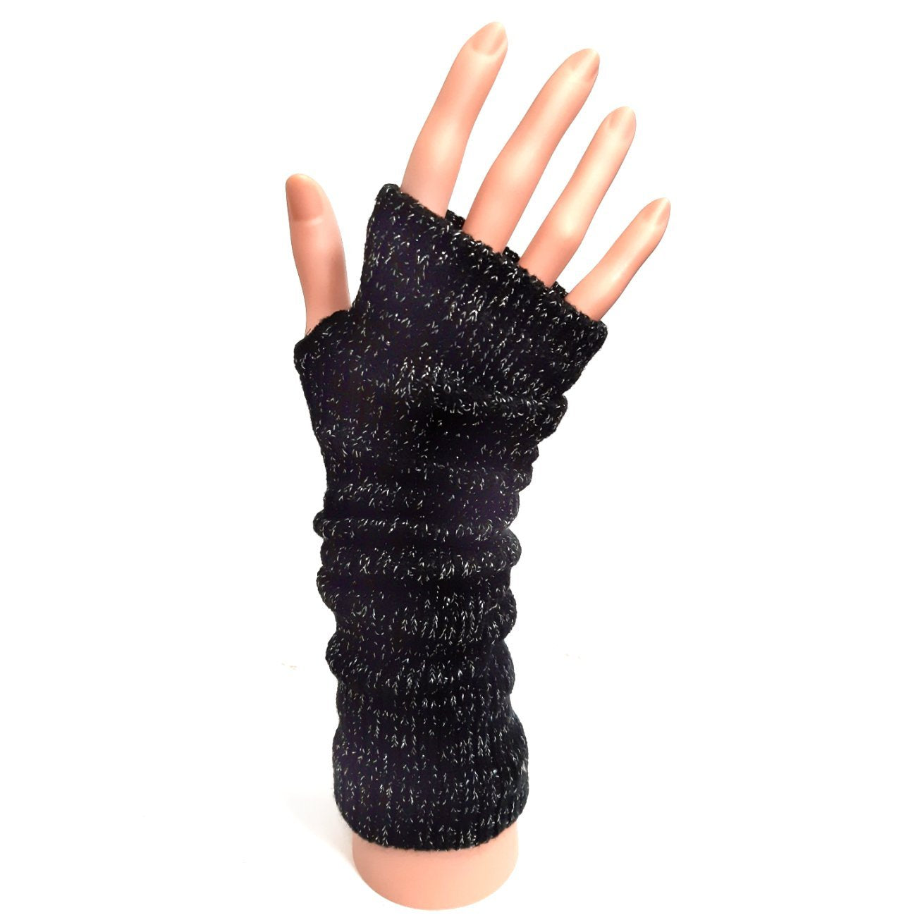 Knitted Long Fingerless Gloves Black and Silver Mix Womens
