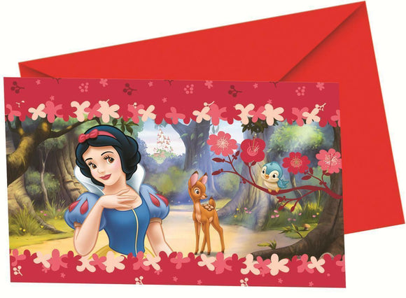 A pack of 6 deep Red Snow White Party Invite's  Each with a red envelope.